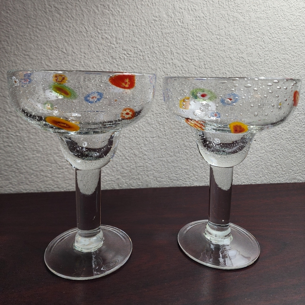 CRATE & BARREL Zazz Margarita Millefiori Bubble Glasses Set of 2, 14 oz